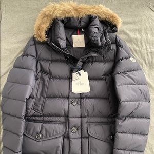 Moncler Cluny Long Parka-Navy Blue - Size 5 (XXL)